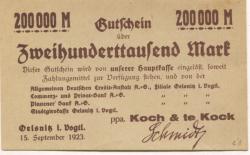 Oelsnitz - Koch & te Kock, Teppichfabrik, Filiale Oelsnitz - 15.9.1923 - 200000 Mark