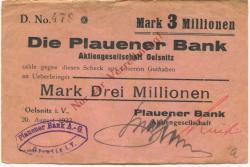 Oelsnitz - Plauener Bank AG - 20.8.1923 - 3 Millionen Mark
