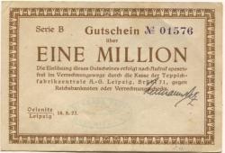 Oelsnitz und Leipzig - Patz, Hermann, Teppichfabrik - 18.8.1923 - 1 Million Mark