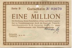Oelsnitz und Leipzig - Patz, Hermann, Teppichfabrik - 18.8.1923 - 1 Million Mark