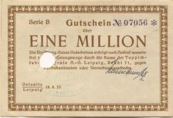 Oelsnitz und Leipzig - Patz, Hermann, Teppichfabrik - 18.8.1923 - 1 Million Mark