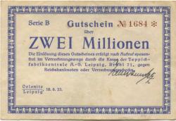Oelsnitz und Leipzig - Patz, Hermann, Teppichfabrik - 18.8.1923 - 2 Millionen Mark