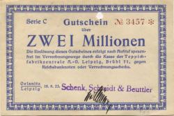 Oelsnitz und Leipzig - Schenk, Schmidt & Beuttler - 18.8.1923 - 2 Millionen Mark