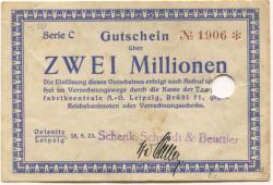 Oelsnitz und Leipzig - Schenk, Schmidt & Beuttler - 18.8.1923 - 2 Millionen Mark