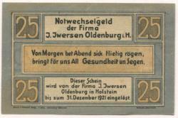 Oldenburg - Iwersen, I., Manufaktur-, Kolonial- und Materialwarenhandlung, Schuhstr. 36 - - 31.12.1921 - 25 Pfennig