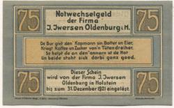 Oldenburg - Iwersen, I., Manufaktur-, Kolonial- und Materialwarenhandlung, Schuhstr. 36 - - 31.12.1921 - 75 Pfennig 