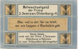 Oldenburg - Iwersen, I., Manufaktur-, Kolonial- und Materialwarenhandlung, Schuhstr. 36 - - 31.12.1921 - 1 Mark