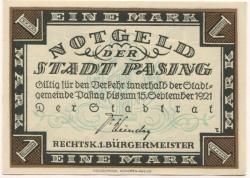 Pasing (heute: München) - Stadt - - 15.9.1921 - 1 Mark