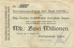 Pegau - Stadtgirokasse - 17.8.1923 - 30.9.1923 - 2 Millionen Mark