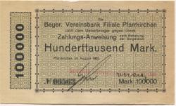 Pfarrkirchen - Bayerische Vereinsbank - August 1923 - 100000 Mark
