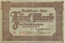 Pforzheim - Stadt - - 1.2.1919 - 5 Mark