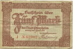 Pforzheim - Stadt - - 1.2.1919 - 5 Mark