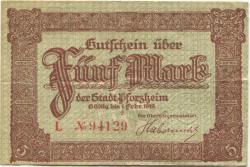 Pforzheim - Stadt - - 1.2.1919 - 5 Mark