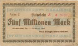 Pirmasens - Stadt - 17.9.1923 - 5 Millionen Mark 