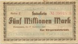Pirmasens - Stadt - 17.9.1923 - 5 Millionen Mark