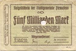 Pirmasens - Stadt - 10.10.1923 - 5 Milliarden Mark