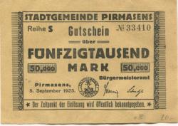 Pirmasens - Stadt - 5.9.1923 - 50000 Mark
