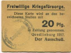 Quedlinburg - Freiwillige Kriegsfürsorge - 1917 - 20 Pfennig 