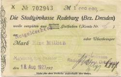 Radeburg - Stadtgirokasse - 18.8.1923 - 1 Million Mark 