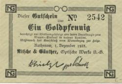 Rathenow - Nitsche & Günther, Optische Werke AG, Dunckerstr. 4 - 1.12.1923 - 1 Gold-Pfennig