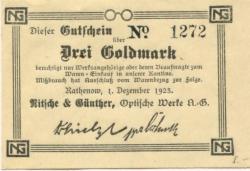 Rathenow - Nitsche & Günther, Optische Werke AG, Dunckerstr. 4 - 1.12.1923 - 3 Gold-Mark