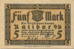 Ratibor - (heute: PL-Racibórz) - Stadtsparkasse - 10.5.1922 - 5 Mark 