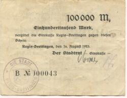 Regis-Breitingen - Stadt-Girokasse - 16.8.1923 - 100000 Mark