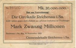 Reichenau (heute: Hartmannsdorf) - Gemeinde - 19.9.1923 - 20 Millionen Mark
