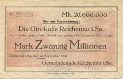 Reichenau (heute: Hartmannsdorf) - Gemeinde - 26.9.1923 - 20 Millionen Mark