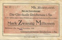 Reichenau (heute: Hartmannsdorf) - Gemeinde - 29.9.1923 - 20 Millionen Mark