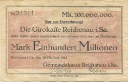 Reichenau (heute: Hartmannsdorf) - Gemeinde - 10.10.1923 - 100 Millionen Mark