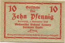 Reinerz (Bad) (heute: PL-Duszniki-Zdrój) - Hanke, Hermann, Mechanische Weberei - 1.11.1918 - 10 Pfennig