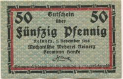 Reinerz (Bad) (heute: PL-Duszniki-Zdrój) - Hanke, Hermann, Mechanische Weberei - 1.11.1918 - 50 Pfennig