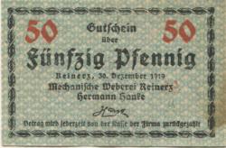 Reinerz (Bad) (heute: PL-Duszniki-Zdrój) - Hanke, Hermann, Mechanische Weberei - 30.12.1919 - 50 Pfennig