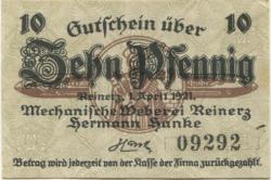Reinerz (Bad) (heute: PL-Duszniki-Zdrój) - Hanke, Hermann, Mechanische Weberei - 1.4.1921 - 10 Pfennig