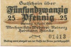 Reinerz (Bad) (heute: PL-Duszniki-Zdrój) - Hanke, Hermann, Mechanische Weberei - 1.4.1921 - 25 Pfennig