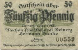 Reinerz (Bad) (heute: PL-Duszniki-Zdrój) - Hanke, Hermann, Mechanische Weberei - 1.4.1921 - 50 Pfennig
