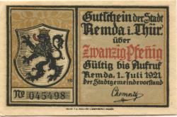 Remda (heute: Rudolstadt) - Stadt - 1.7.1921 - 20 Pfennig