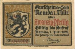Remda (heute: Rudolstadt) - Stadt - 1.7.1921 - 20 Pfennig 