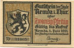Remda (heute: Rudolstadt) - Stadt - 1.7.1921 - 20 Pfennig