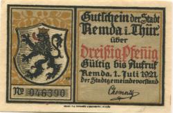 Remda (heute: Rudolstadt) - Stadt - 1.7.1921 - 30 Pfennig