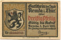 Remda (heute: Rudolstadt) - Stadt - 1.7.1921 - 30 Pfennig