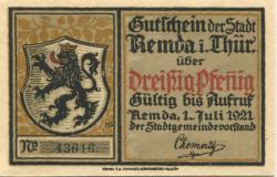 Remda (heute: Rudolstadt) - Stadt - 1.7.1921 - 30 Pfennig