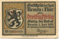 Remda (heute: Rudolstadt) - Stadt - 1.7.1921 - 30 Pfennig