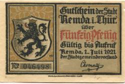 Remda (heute: Rudolstadt) - Stadt - 1.7.1921 - 50 Pfennig 