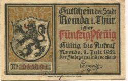 Remda (heute: Rudolstadt) - Stadt - 1.7.1921 - 50 Pfennig 