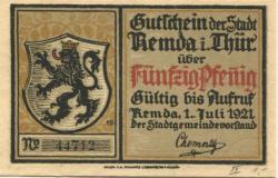 Remda (heute: Rudolstadt) - Stadt - 1.7.1921 - 50 Pfennig