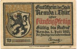 Remda (heute: Rudolstadt) - Stadt - 1.7.1921 - 50 Pfennig