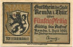 Remda (heute: Rudolstadt) - Stadt - 1.7.1921 - 50 Pfennig