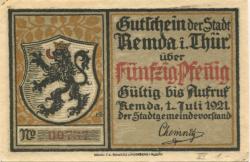 Remda (heute: Rudolstadt) - Stadt - 1.7.1921 - 50 Pfennig